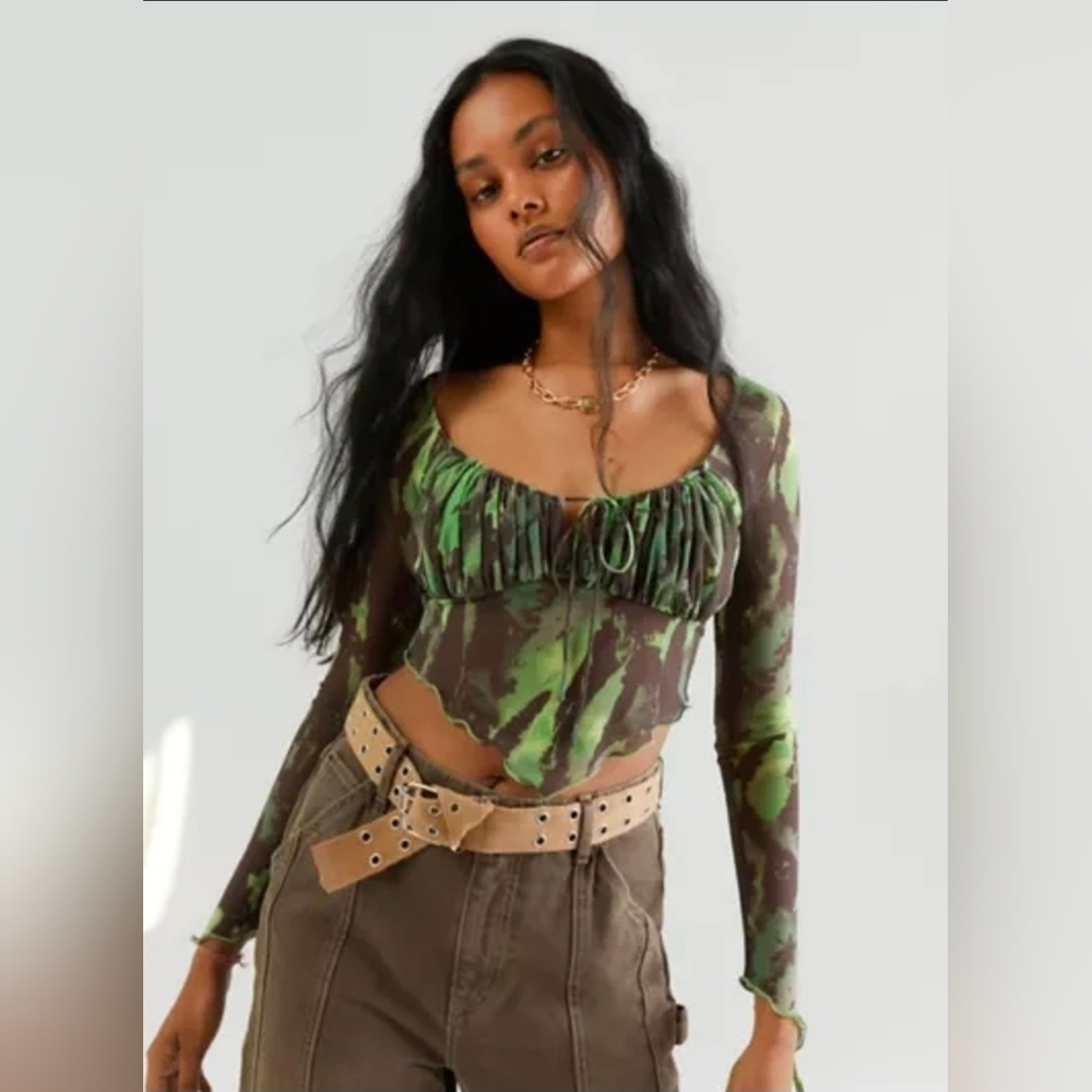 Urban Outfitters Clara Long Sleeve Babydoll Top In Green S